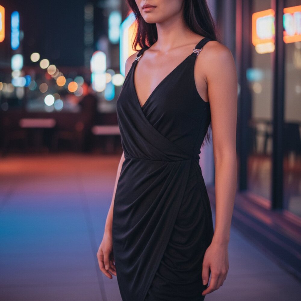 Ralph Lauren Formal Party Elegant V-Neck Faux Wrap Navy Blue Womens Dress Size 4